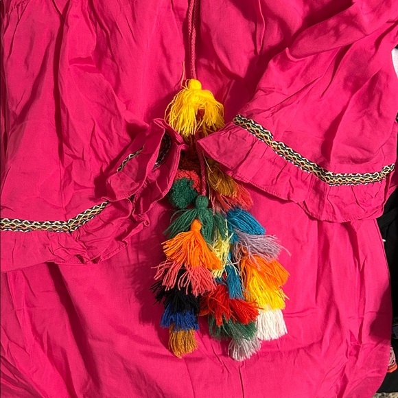 NWT Tea n Cup Hot Pink Tassel Peasant BOHO Dress Womens Juniors Size Small - Picture 4 of 4